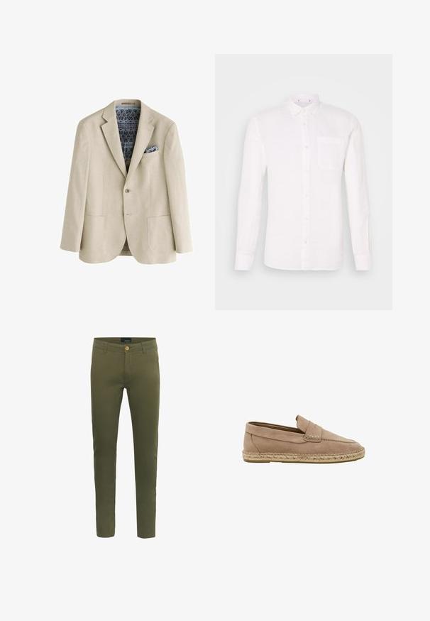 Beige blazer met twee voorzakken, enkele knoop, blauw-zwarte patroonvoering en bijpassend patroon pochet.; Witte linnen overhemd met lange mouwen, een button-down kraag, een enkele borstzak en een rechte snit. Soepele textuur, minimalistisch design.; Olijfgroene broek van zachte katoenmix, met een sluiting met knoop aan de voorkant, riemlussen en een slim fit ontwerp.; Lichtbruine suède loafer met gevlochten jute zool en pennyriemdetail, weergegeven op een witte achtergrond.
