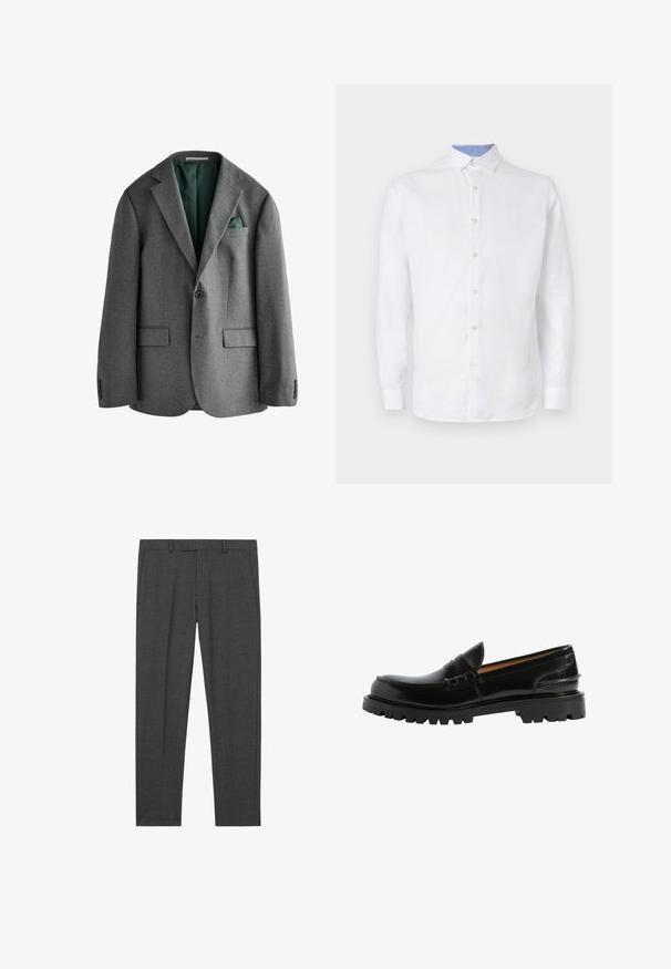 Grauer Blazer mit maßgeschneidertem Design, Knopfverschluss, zwei vorderen Taschen und einem strukturierten grünen Futter. Mit Einstecktuch.; Weißes Langarmhemd mit Knopfleiste, das ein hellblaues kariertes Muster innen am Kragen und an den Manschetten aufweist. Glatte Stoffoberfläche.; Dunkelgraue, maßgeschneiderte Anzughose mit Gürtelschlaufen, Vordertaschen und schmalem, geradem Schnitt, flach auf weißem Hintergrund dargestellt.; Schwarze Lederloafers mit einer bequemen Silhouette, strukturierten Details im Obermaterial und einer robusten schwarzen Gummisohle.