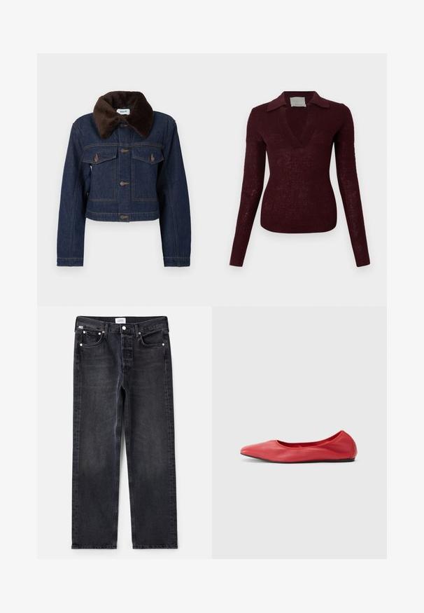 Kort denimjakke i mørkeblå med brun imiteret pelskrave, der har to brystlommer og synlige syningsdetaljer.; Langærmet, dyb bordeauxfarvet strikket sweater med bred V-hals og flad krave, tætsiddende silhuet mod en hvid baggrund.; Sorte denimjeans med lige pasform, fem lommer, sølvhardware og en let falmet tekstur. Klassisk design med minimal detaljering.; Filippa K REY FLATS - Ballerinasko - bright red