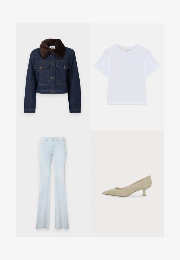 Chaqueta de mezclilla corta en azul oscuro con un cuello de piel sintética marrón, con dos bolsillos en el pecho y detalles de costuras visibles.; Camiseta blanca corta hecha de algodón suave, con un cuello redondo y mangas cortas, y un corte ligeramente holgado. Sin patrones ni acentos.; Jeans acampanados de color azul claro hechos de mezclilla. Incluyen cierre con botón, cinco bolsillos y costuras sutiles. Textura suave y piernas anchas.; Zapato de salón beige de ante con punta afilada y tacón bajo y fino de altura media sobre fondo blanco liso.
