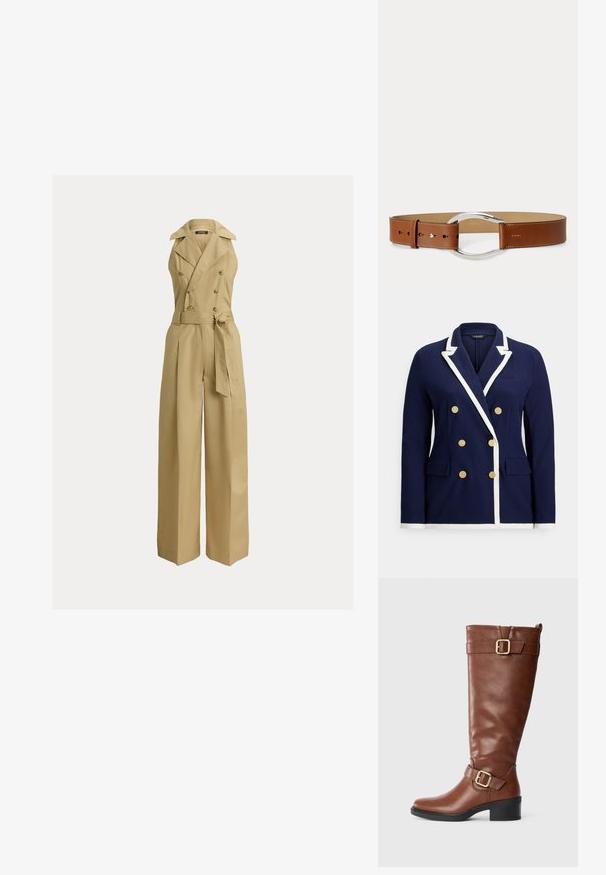 Marineblå dobbeltradet blazer med hvid kant, guldknapper, notched revers og lommer med klap foran.; Beige buksedragt med vide ben, dobbeltspændt design, store revers og bælte i taljen. Fremstillet af et glat, struktureret stof.; Brun knæhøj læderstøvle med to gyldne spænder, lav sort blokhæl og snoretab bagpå på en helt hvid baggrund.; Brunt læderbælte med poleret sølv ovalt spænde, flere justeringshuller og syede kanter på en lys baggrund.
