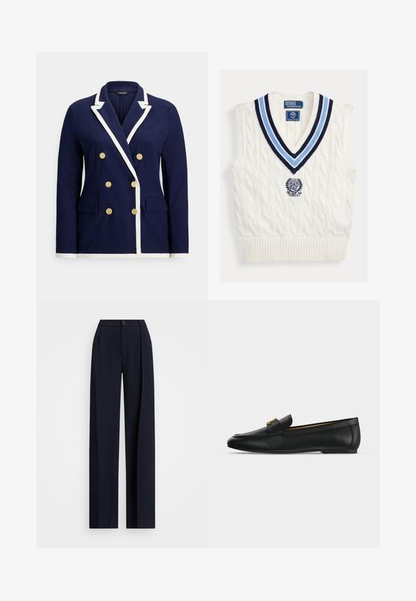 Marineblå dobbeltradet blazer med hvid kant, guldknapper, notched revers og lommer med klap foran.; Hvid kabelstrikket ærmeløs sweatervest med blåstribet V-hals og Polo Ralph Lauren Wimbledon-logo på brystet.; Mørkeblå brede bukser med folder, knappelukning og en glat stofstruktur. Designet til en løs og komfortabel pasform.; Sort læderloafer med guldfarvet metalspænde på toppen, flad sål og syning langs overkanten.
