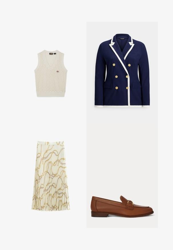 Blazer cruzado azul marino con ribete blanco, botones dorados, solapa con muesca y bolsillos con solapa delanteros.; Chaleco de punto sin mangas color crema con escote en V, que presenta un patrón texturizado de puntos en relieve y un pequeño parche de logo.; Falda midi plisada color marfil con un estampado de cadenas en tonos dorados y marrones, que cuenta con una cintura ajustada y una silueta fluida.; Mocasín de cuero marrón con detalle de hebilla dorada y tacón bajo de madera, mostrado de lado sobre un fondo sencillo.