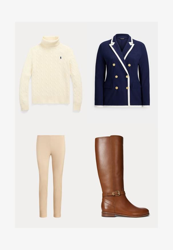 Marineblå dobbeltradet blazer med hvid kant, guldknapper, notched revers og lommer med klap foran.; Kremfarvet kabelstrikket rullekraventrøje med lange ærmer og lille navyblåt broderet logo på venstre bryst.; Beige slim-fit ankellange bukser med en glat finish og uden synlige lommer eller pynt på en ensfarvet baggrund.; Brun læder knæhøj støvle med en lille guldbøjle og "RL" logo på remmen nær anklen, flad hæl og glat finish.