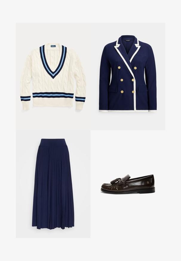 Blazer croisé bleu marine avec bordure blanche, boutons dorés, col à revers cranté et poches à rabat à l'avant.; Pull crème en tricot torsadé avec un col en V, arborant des rayures bleu marine et bleu clair sur le col et l'ourlet inférieur.; Jupe plissée marine en tissu doux, dotée d'une large ceinture confortable et d'un design fluide avec des plis verticaux sur toute sa longueur.; Mocassin en cuir marron foncé avec pampille, couture mocassin, semelle noire plate et petit logo doré sur le côté du talon.