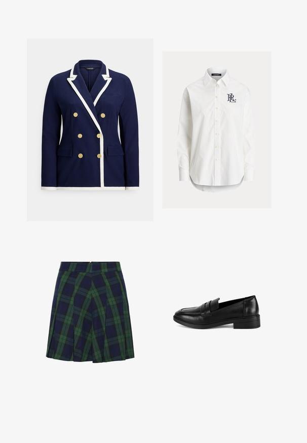 Marineblå dobbeltradet blazer med hvid kant, guldknapper, notched revers og lommer med klap foran.; Hvid langærmet skjorte med knapper og spidser krave samt sort broderet logo på venstre bryst.; Mørkeblå og grøn plisseret nederdel med tartanmønster og lynlåslukning bagpå.; Sorte læder loafers med rund tå og en hævet syet design på vampen, der har en lav blokhæll og en glat tekstur.