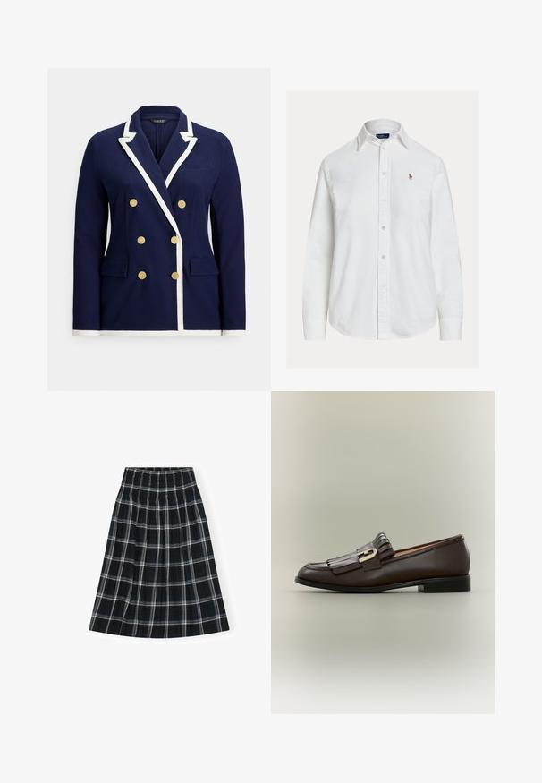 Blazer croisé bleu marine avec bordure blanche, boutons dorés, col à revers cranté et poches à rabat à l'avant.; Chemise blanche à manches longues, boutonnée avec col et petit logo brodé sur la poitrine gauche, présentée sur fond uni.; Jupe à carreaux noir et blanc avec un waistband smocké, longueur genou, présentant un design évasé et une texture de tissu douce.; Mocassin en cuir marron foncé avec détail à franges et boucle dorée sur fond neutre, vue latérale.