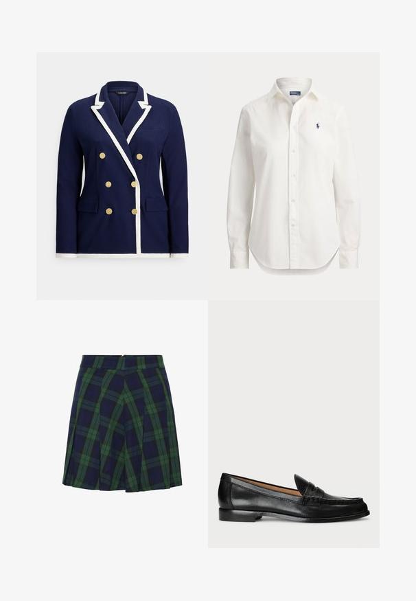Marineblauwe dubbelrijige blazer met witte bies, gouden knopen, revers met inkeping en voorzakken met klep.; Witte blouse met lange mouwen, knopen, kraag en klein blauw logo van een polospeler op de linkerborst.; Marineblauwe en groene geplooide rok met een tartan patroon en een ritssluiting aan de achterkant.; Lauren Ralph Lauren WYNNIE - Instappers - black