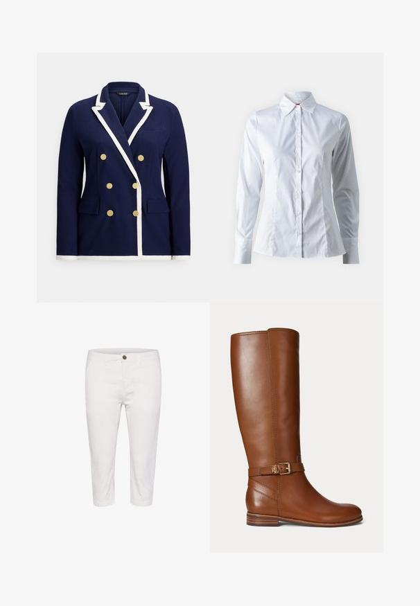 Blazer croisé bleu marine avec bordure blanche, boutons dorés, col à revers cranté et poches à rabat à l'avant.; Chemise blanche à manches longues, col pointu, design ajusté, en tissu de coton lisse et fermeture à boutons sur le devant.; Pantalons blancs court en coton avec fermeture à bouton, dotés de poches avant et d'une texture lisse. Design simple et coupe droite.; Botte en cuir marron montant jusqu’au genou avec une petite boucle dorée et le logo "RL" sur la sangle près de la cheville, talon plat et finition lisse.