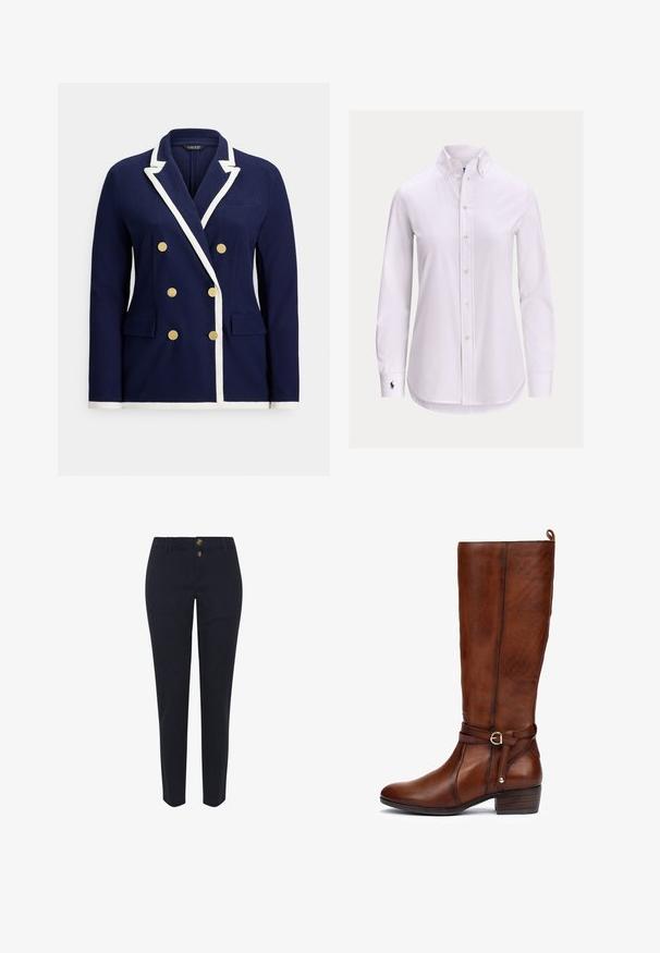 Blazer cruzado azul marino con ribete blanco, botones dorados, solapa con muesca y bolsillos con solapa delanteros.; Camisa blanca de manga larga con botones, cuello abotonado y un pequeño logotipo bordado en el puño izquierdo.; Pantalones de algodón azul marino con un diseño de pierna recta, que cuentan con dos botones de tono dorado y presillas para el cinturón estándar. Textura suave, sin patrones.; Bota de piel marrón hasta la rodilla con puntera redonda, acento de hebilla lateral y tacón grueso. Superficie texturizada y detalle de correa decorativa.