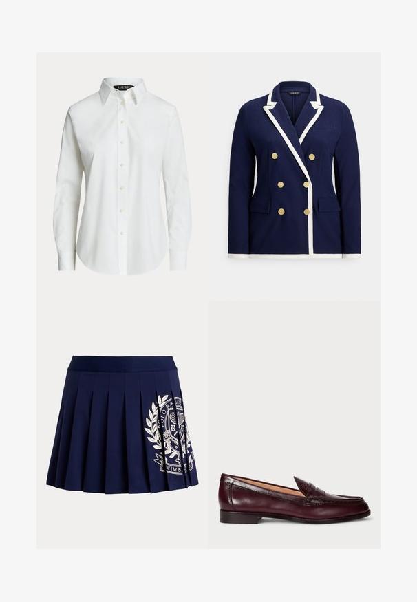 Marineblauer zweireihiger Blazer mit weißem Besatz, goldenen Knöpfen, Revers mit Kerbe und vorderen Pattentaschen.; Weißes langärmeliges Hemd mit klassischem Kragen und sichtbaren Knöpfen vorne, auf einfachem Hintergrund präsentiert.; Marineblauer plissierter Rock mit breitem Bund und weißem Tennis-Wappen-Logo auf der unteren rechten Seite.; Burgunderfarbene Lederloafers mit glatter Oberfläche, rundem Zehenbereich, dekorativer Naht und niedrigem Absatz. Das Innere ist mit einem weichen beigen Futter ausgestattet.