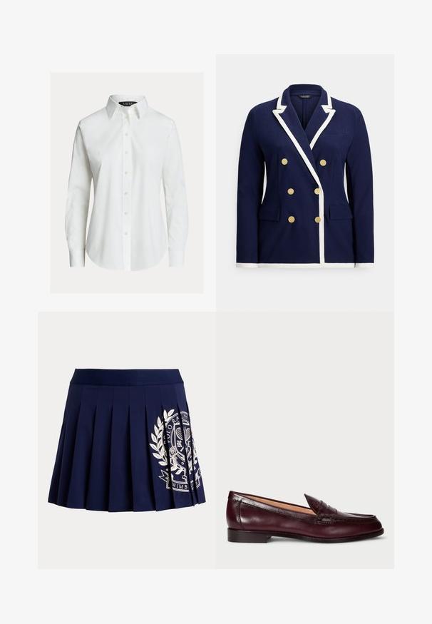 Marineblå dobbeltradet blazer med hvid kant, guldknapper, notched revers og lommer med klap foran.; Hvid skjorte med lange ærmer, knapper foran, spids krave og let buet kant.; Marineblå plisseret nederdel med bred linning og hvid tennisinspireret logo på nederste højre side.; Bordeaux lær loafers med en glat finish, rund tå, dekorativ syning og en lav hæl. Indersiden har en blød beige foring.