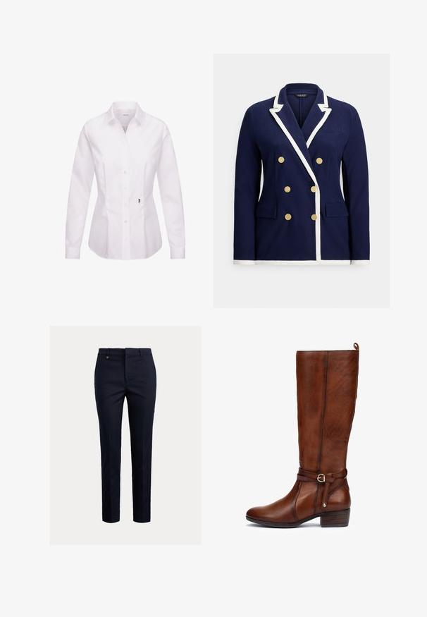 Marineblå dobbeltradet blazer med hvid kant, guldknapper, notched revers og lommer med klap foran.; Hvid langærmet skjorte med knapper, klassisk krave, frontplade, sidesømme og en sort broderet rosedetalje nær kanten.; Marineblå chinos lavet af bomuldsblanding med et tilspidset fit, flad front, sidelommer og en enkelt baglomme; har et lille guldlogo.; Brune læder knæhøj støvle med en rund tå, sidelukning i form af en spænde og en kraftig hæl. Tekstureret overflade og en dekorativ remdetalje.