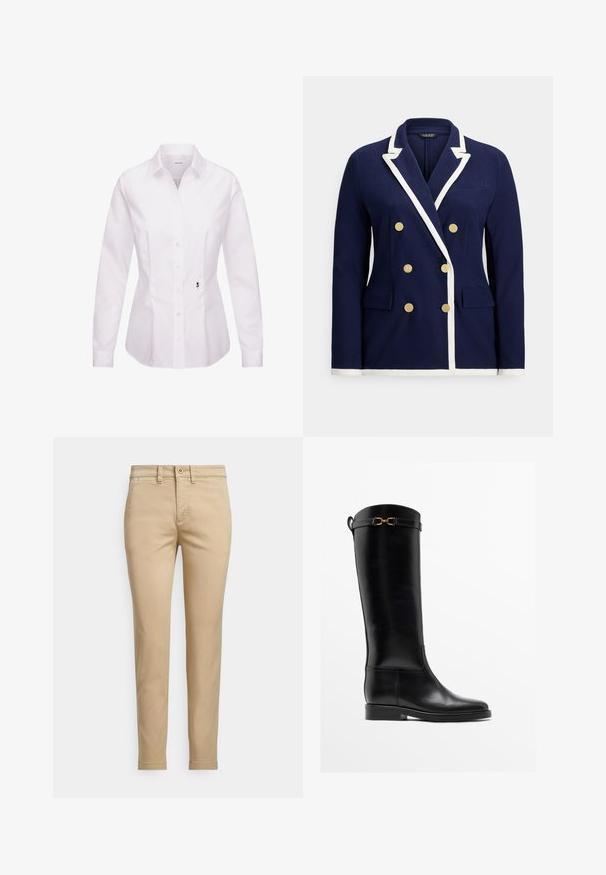 Marineblå dobbeltradet blazer med hvid kant, guldknapper, notched revers og lommer med klap foran.; Hvid langærmet skjorte med knapper, klassisk krave, frontplade, sidesømme og en sort broderet rosedetalje nær kanten.; Beige bomuldschinos med lige pasform, der har knaplukning, forlommer og syningsdetaljer langs sømmene.; Høj sort læderstøvle med lav hæl og guldbelagt spænde nær toppen, vist i profil på hvid baggrund.