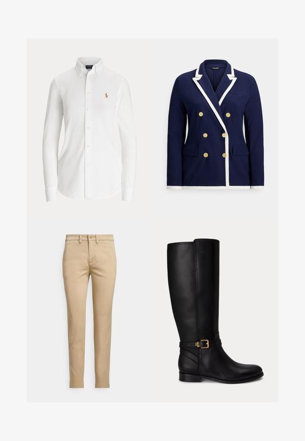Marineblå dobbeltradet blazer med hvid kant, guldknapper, notched revers og lommer med klap foran.; Hvid skjorte med lange ærmer og knapper, med knaplukket krave og lille broderet polo-spillerlogo på brystet.; Beige bomuldschinos med lige pasform, der har knaplukning, forlommer og syningsdetaljer langs sømmene.; Sort knæhøj læderstøvle med lav hæl, guldlås og lille præget logo på sidespændet.