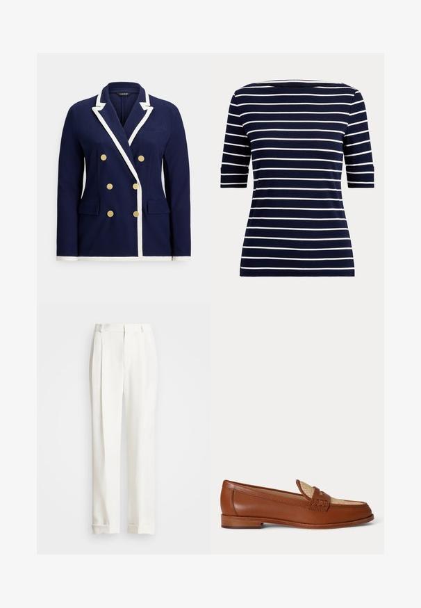 Marineblauwe dubbelrijige blazer met witte bies, gouden knopen, revers met inkeping en voorzakken met klep.; Marineblauw overhemd met witte horizontale strepen en ellebooglange mouwen, afgebeeld op een eenvoudige lichte achtergrond.; Witte op maat gemaakte broek met twee voorplooien, rechte snit en omgeslagen zoom. Gemaakt van een gladde stof, met een klassiek ontwerp.; Bruine leren loafer met geweven beige paneel bovenop, lage houten hak en traditioneel pennyriemontwerp op witte achtergrond.
