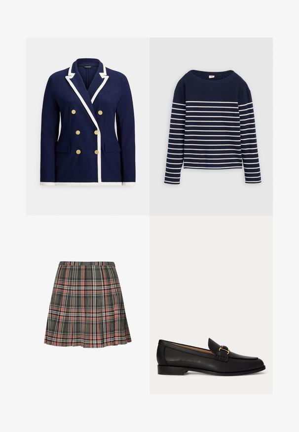 Marineblå dobbeltradet blazer med hvid kant, guldknapper, notched revers og lommer med klap foran.; Levi's® MARIN STRIPE - Langærmet T-shirt - navy/egret; Rutnederdel i grå og pink med plisseret design og sorte og hvide accenter. Fremstillet af vævet stof, midt på låret længde.; Sort læderloafer med lille hæl og dekorativt gyldent spænde foran, vist fra siden på en hvid baggrund.