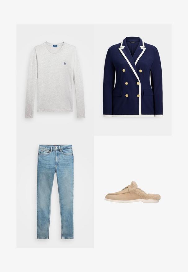 Marineblauwe dubbelrijige blazer met witte bies, gouden knopen, revers met inkeping en voorzakken met klep.; Grijs katoenen T-shirt met lange mouwen en een ronde halslijn, met een klein blauw polo-logo op de linkerkant van de borst. Zachte, lichtgewicht stof.; Lichtblauwe, slim fit spijkerbroek met vijf zakken en metalen knoopsluiting, plat gelegd op een witte achtergrond.; Beige suède pantoffel met een luxe bontvoering, instapontwerp, ronde neus en een witte rubberen zool. Voorzien van een zilveren gespdetail.