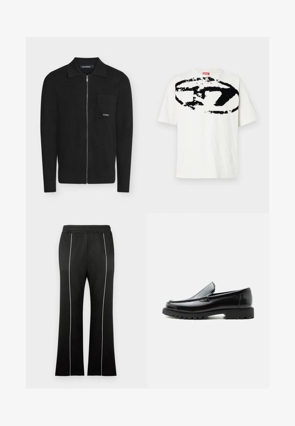 Cardigan noir à manches longues avec fermeture éclair, col et poche poitrine, avec une petite étiquette métallique de marque sur la poche.; T-shirt en coton blanc avec un grand logo graphique noir sur le devant. Le design comprend des formes et des textures abstraites. Manches courtes.; Pantalon de sport noir avec une taille cintrée, doté de bandes blanches sur les côtés et d'une coupe évasée aux jambes. Fabriqué en tissu doux et extensible.; Mocassin en cuir noir avec semelle en caoutchouc épaisse, dessus cousu et nom de marque embossé sur le talon, présenté de profil sur fond blanc.