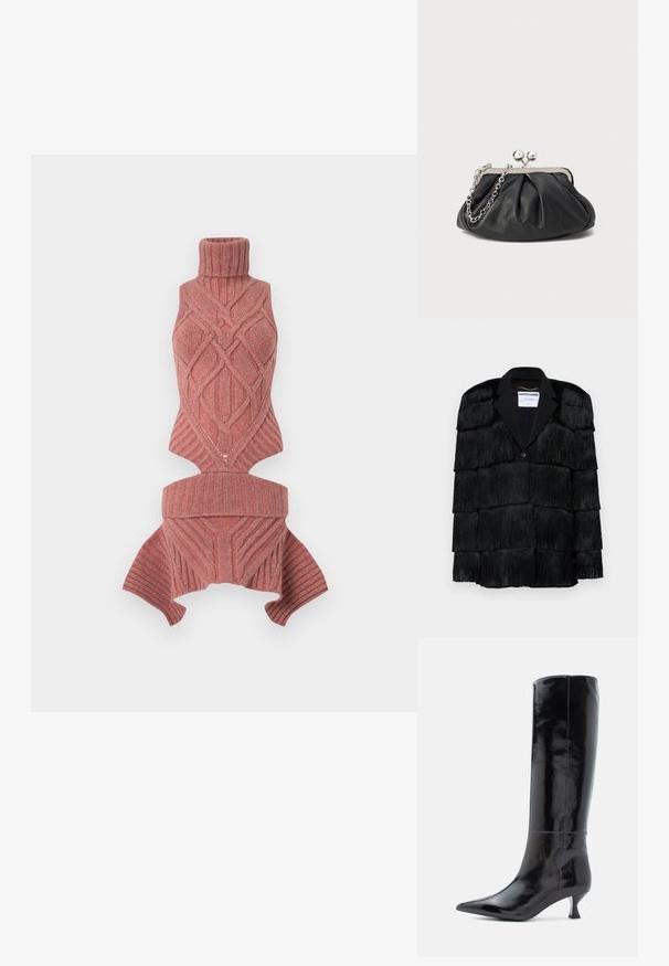 Veste noire avec des détails en franges superposées, un col cranté et une fermeture à un bouton. Texture douce, design structuré.; Gilet sans manches en maille de couleur rose poudré, présentant un motif géométrique texturé, un col montant côtelé et une coupe courte avec de larges ouvertures pour les bras.; Bottes en cuir noir, montantes jusqu'au genou, avec une finition brillante, un bout pointu et un petit talon carré. Texture lisse, détails de couture minimalistes.; Porte-monnaie en cuir noir avec texture froncée, cadre en métal argenté, fermeture à verrouillage kiss-lock et bandoulière en chaîne. Surface lisse et douce.