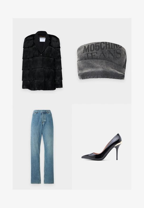 Sort jakke med lagdelte frynser, en ærmeløs klapkrave og en enkelt knaplukning. Blød tekstur, struktureret design.; Sort denim bandeau med en tekstureret overflade og trykt "MO5CHING JEANS" i fed skrift. Har et glat kurvet design og stikninger i kanterne.; Lyseblå denim jeans med lige ben-design, fem lomme-stil og en synlig talje. Teksturen er let slidt, men intakt.; Sort laklæder højhælet sko med spids tå og en gulddetalje ved hælen. Glat tekstur og slank silhuet.