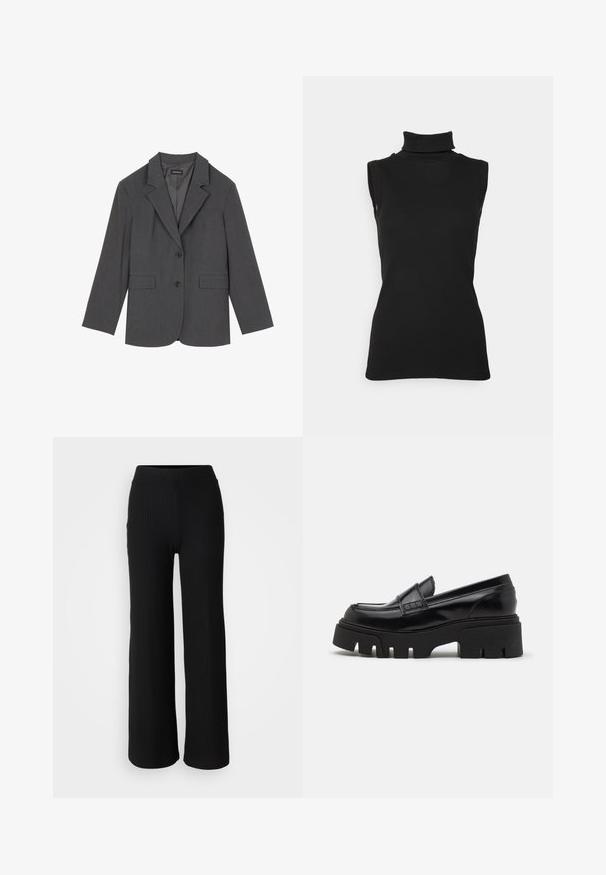 Grijze blazer met geplooide revers, twee voorzakken en twee knopen. Gladde stof met een subtiel geweven patroon, gestructureerde pasvorm en lange mouwen.; Zwarte mouwloze turtleneck top van ribstof, met een hoge hals en een getailleerde pasvorm. Gladde textuur met minimale details.; Zwarte geribbelde gebreide broek met een wijduitlopende pijp en een elastische tailleband, met een gladde structuur en een minimalistische stijl.; Zwarte leren loafers met een chunky, gestructureerde platformzool en een decoratieve strap over de bovenkant. Gladde, glanzende afwerking.
