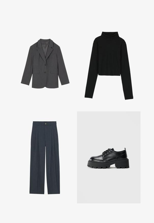 Blazer gris con solapas en pico, dos bolsillos frontales y dos botones. Tejido suave con un patrón de tejido sutil, corte estructurado y mangas largas.; Even&Odd Camiseta de manga larga - black; Pantalones de pierna ancha hechos de una tela texturizada de color gris oscuro, con pliegues frontales, cierre de botón y bolsillos laterales para mayor funcionalidad.; Zapatos de cuero negro con puntera redondeada, diseño de cordones y suela de goma gruesa con surcos profundos. Detalles de costura simple a lo largo de los bordes.