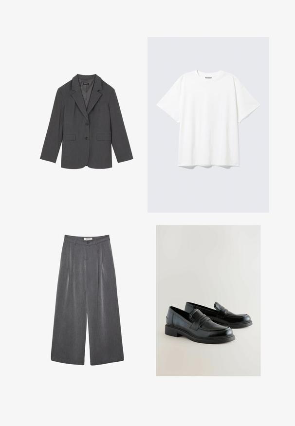 Blazer gris avec revers crantés, deux poches avant et deux boutons. Tissu lisse avec un motif de tissage subtil, coupe structurée et manches longues.; T-shirt blanc à manches courtes, col rond, coupe décontractée et étiquette "WEEKDAY" à l’intérieur du dos du col.; Pantalon gris à jambes larges avec plis, confectionné dans un tissu doux. Dispose d'une fermeture à boutons et d'une taille cintrée.; Mocassins en cuir noir avec une finition lisse, des détails de coutures surélevés et un talon bas et carré. Les accents latéraux sont minimalistes et élégants.