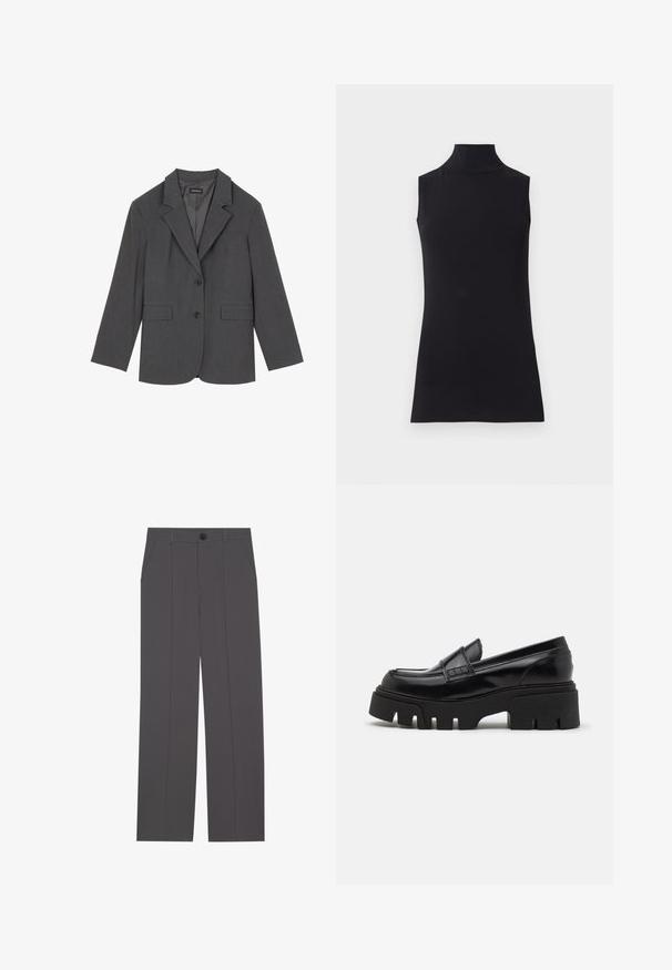 Grå blazer med noterede klapper, to frontlommer og to knapper. Glat stof med et subtilt vævemønster, struktureret pasform og lange ærmer.; Sort ærmeløs turtleneck top, lavet af glat stof. Figurtilpasset design med høj hals og lige kant, minimalistisk og ensfarvet.; Grå bukser med lige ben design, der har to side lommer og en knaplukning. Glat stof uden synlige mønstre eller detaljer.; Sorte læder loafers med en chunky, tekstureret platformssål og en dekorativ rem over toppen. Glat, blank finish.