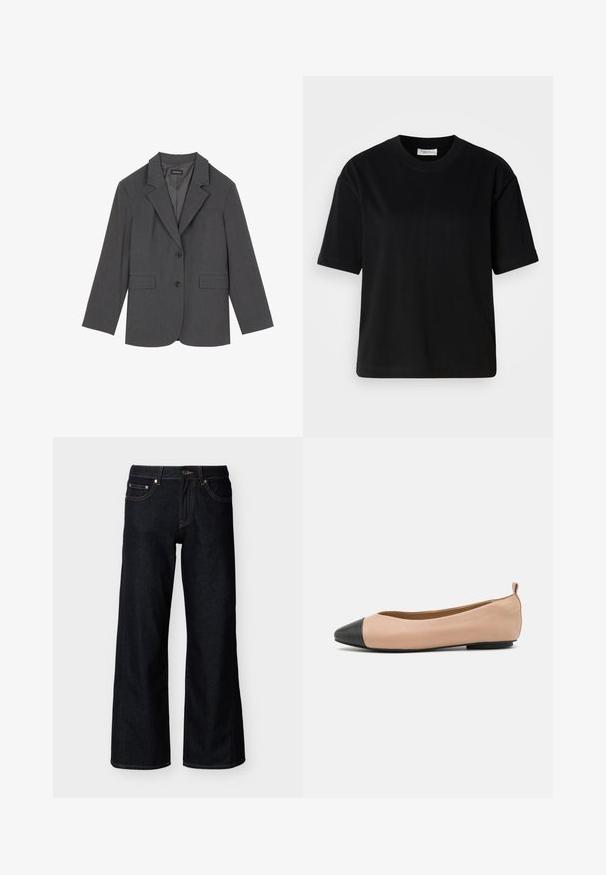 Grå blazer med noterede klapper, to frontlommer og to knapper. Glat stof med et subtilt vævemønster, struktureret pasform og lange ærmer.; Sort bomulds T-shirt med korte ærmer, rund halsudskæring og en afslappet pasform. Glat tekstur og minimal design uden synlige mønstre eller accenter.; Mørkeblå jeans med brede ben, med forreste knap, lynlås og styling med fem lommer på en ensfarvet lys baggrund.; Læderballetflade med en nude farve og sort tætsko. Har et minimalistisk design, glat tekstur og en lille bagløkke for nem påføring.