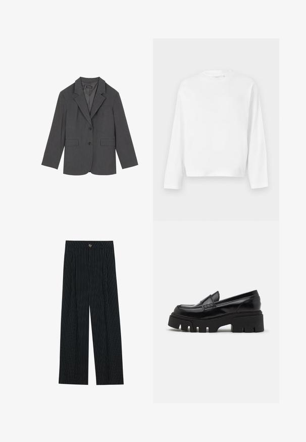 Blazer gris avec revers crantés, deux poches avant et deux boutons. Tissu lisse avec un motif de tissage subtil, coupe structurée et manches longues.; Gina Tricot T-shirt à manches longues - white; Pantalons large à rayures noires en tissu texturé, dotés d'une fermeture à bouton sur le devant et d'un design plissé pour un intérêt supplémentaire.; Mocassins en cuir noir avec une semelle plateforme épaisse et texturée, et une sangle décorative sur le dessus. Fini lisse et brillant.