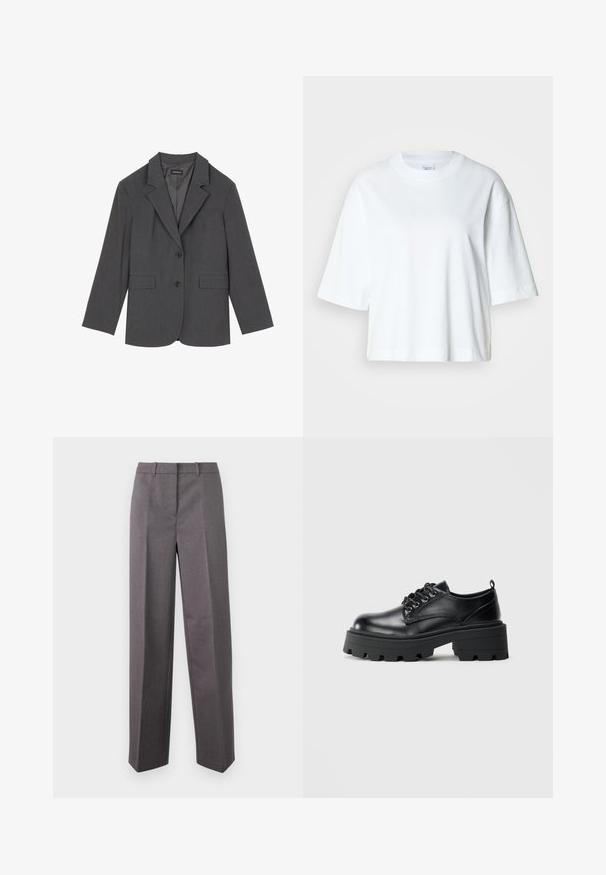 Blazer gris con solapas en pico, dos bolsillos frontales y dos botones. Tejido suave con un patrón de tejido sutil, corte estructurado y mangas largas.; Camiseta blanca corta con mangas cortas, escote redondo, hecha de material de algodón suave, con un diseño simple y limpio.; Pantalones grises a medida hechos de tela texturizada, con un diseño de pierna recta, frente plano y trabillas para el cinturón.; Zapatos de cuero negro con puntera redondeada, diseño de cordones y suela de goma gruesa con surcos profundos. Detalles de costura simple a lo largo de los bordes.