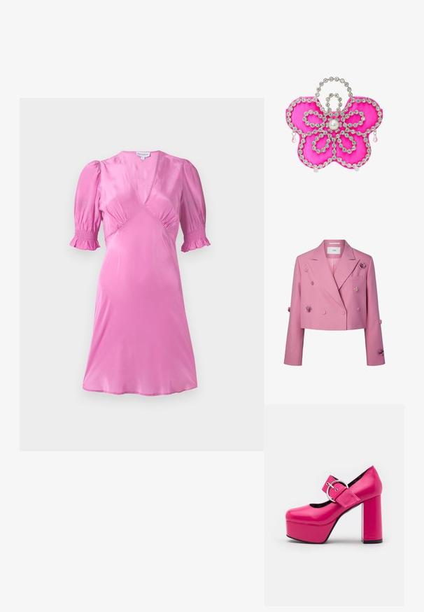 Blazer corto rosa de doble botonadura con solapas, decorado con pequeños apliques florales 3D y botones en el frente y las mangas.; Vestido de satén rosa con mangas cortas abullonadas, escote en V y detalles fruncidos en el busto y los dobladillos de las mangas. Textura suave y brillante.; LAMODA FORGET ME PLATFORM - Zapatos altos - fuchsia; Clutch en forma de flor de satén rosa adornada con rhinestones claros y un detalle de perla central, con acentos en forma de lágrima.