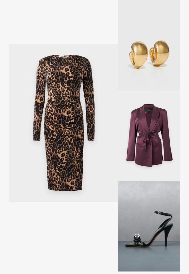 Diep paarse satijnen blazer met gelapte revers, lange mouwen, voorzakken met paspel en een bijpassende satijnen riem die in de taille is gestrikt.; Langsleeve, jurk tot de knie met gerimpelde taille in bruine en zwarte luipaardprint stof.; Zwarte hoge hak sandaal met enkelriem en metallic zilveren decoratieve bal op houten betegeld oppervlak buiten met vage groene en muur achtergrond.; Gouden oorbellen met een gladde, ronde vorm en gepolijste afwerking. Voorzien van een clip-on stijl voor gemakkelijk dragen.