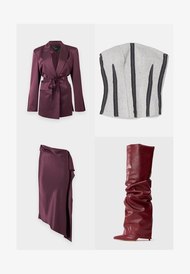 Dybt lilla satinblazer med hakkede revers, lange ærmer, forlommer foran og et matchende satinbælte bundet i taljen.; ECKHAUS LATTA RAW - Top - dust; Lilla asymmetrisk satin midi nederdel med draperet taljedetalje og sidelomme.; Høj, afslappet bordeaux læderstøvle med spids tå og lav hæl på en ensfarvet lys baggrund.