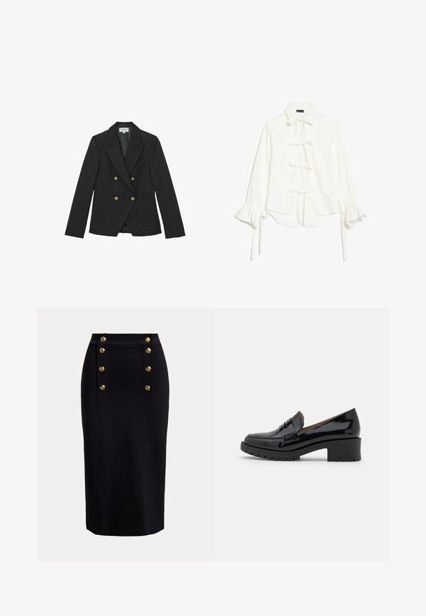 Blazer noir à double boutonnage en tissu texturé, avec des boutons dorés, des revers à pointe et deux poches avant.; Blouse blanche avec manches longues à volants et cinq nœuds noués sur le devant, avec un col classique et un ourlet légèrement asymétrique.; Jupe crayon noire longueur genou avec panneau vertical devant et deux rangées de six boutons décoratifs dorés.; Mocassins en cuir verni noir avec un petit talon épais, présentant un détail de sangle sur le devant et une semelle en caoutchouc texturé pour une meilleure adhérence.