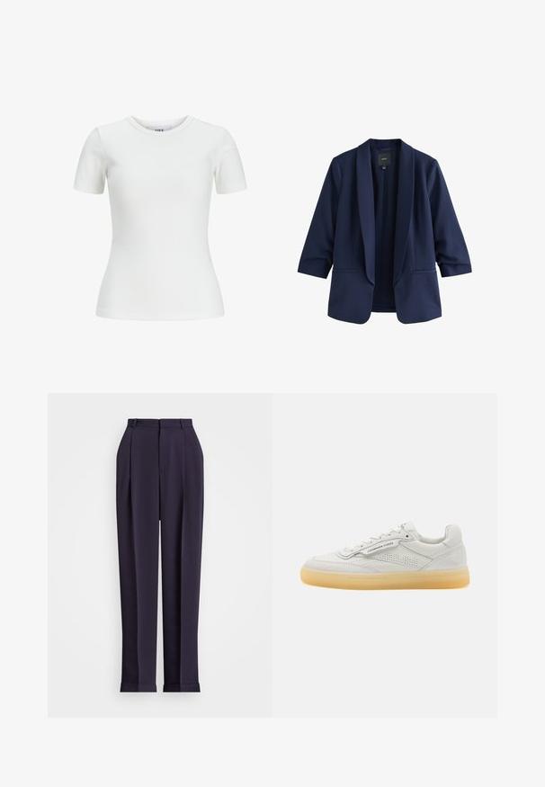 Marineblauwe blazer met open voorkant, driekwartsmouwen, reverskraag en twee voorzakken met bies.; Witte geribbelde t-shirt met korte mouwen en ronde halslijn, met een getailleerd ontwerp. Gemaakt van een soepele stof, geschikt voor laagjes of casual draag.; Marineblauwe op maat gemaakte broek met een hoge taille, geplooide voorkant en omgeslagen zoom. Gemaakt van een soepele stof met een glanzende afwerking.; Witte leren sneaker met geperforeerde accenten, ronde neus en een crèmekleurige rubberen zool. Bevat tonale stiksels en een minimalistisch ontwerp.