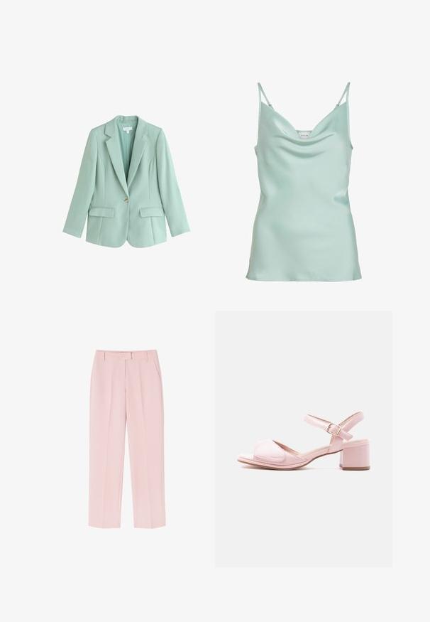 Enkeltknappet, mintgrøn skræddersyet blazer med notch revers og frontlommer med klapper.; Lys mintgrøn satin camisole med tynde justerbare stropper og en subtil draperet udskæring, forfra.; Lyserøde bukser med skræddersyet design, der har to sidelommer, en glat tekstur og folder foran for ekstra detalje.; Lyserød sandal med åben tå, justerbar ankelrem, lav blokhæl og bred frontrem med velcrolukning.