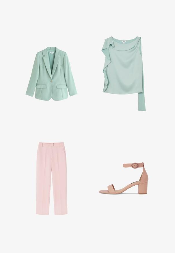 Enkeltknappet, mintgrøn skræddersyet blazer med notch revers og frontlommer med klapper.; Lyseblå ærmeløs bluse med asymmetrisk flæse på den ene skulder og et forlænget stofstykke på den modsatte side.; Lyserøde bukser med skræddersyet design, der har to sidelommer, en glat tekstur og folder foran for ekstra detalje.; Nøgen lyserød åben tå-sandal med blokhæl og ankelrem med en rund rhinsten spænde på hvid baggrund.