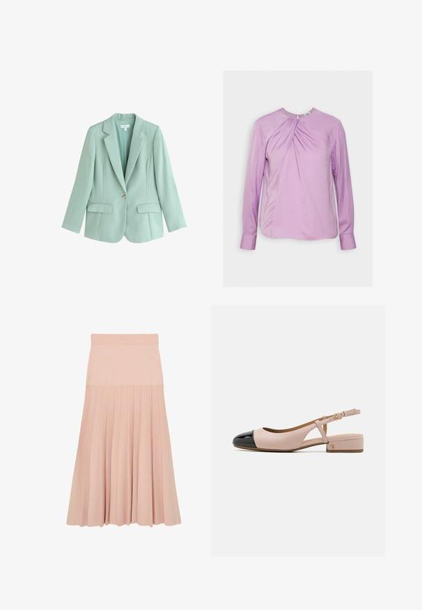 Enkeltknappet, mintgrøn skræddersyet blazer med notch revers og frontlommer med klapper.; Twist & Tango BRENDA BLOUSE - Bluse - lilac; Lyserød midi-nederdel med en tætsiddende talje og plisseret design, der strækker sig fra midten af hoften til kanten.; Slingback sko med en blush læderoverdel og en blank sort tå. Har en lille blokhæl og en justerbar ankelrem.