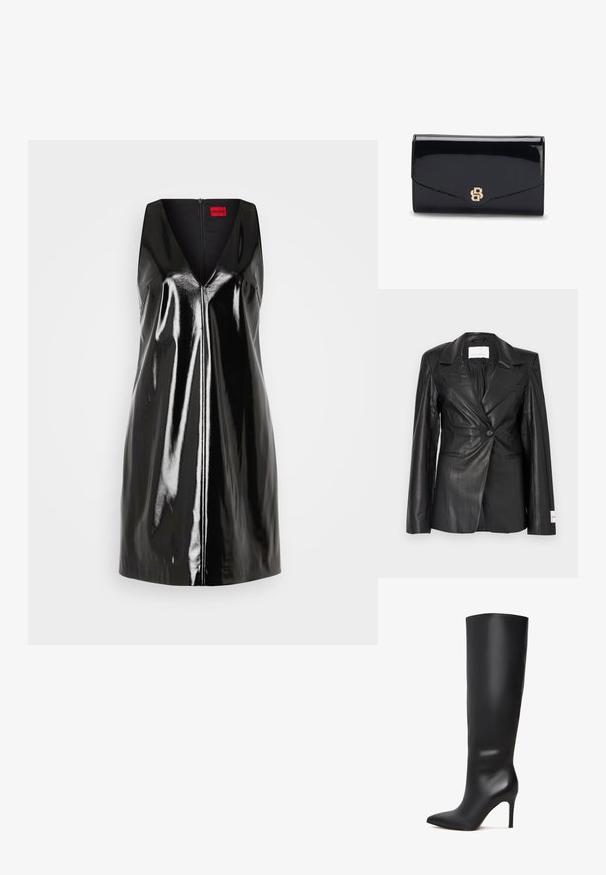 Blazer en cuir noir avec un design ajusté, fermeture à un bouton, revers crantés et étiquette sur le poignet gauche.; Robe noire sans manches avec un décolleté en V et une finition brillante et réfléchissante; elle comprend une fermeture éclair centrale et un design minimaliste.; Botte en cuir noir, montante, à talon aiguille, avec un bout pointu et une surface lisse et élégante. Elle dispose d'un talon haut et fin pour une silhouette élancée.; Pochette en cuir noir brillant avec un logo B entrelacé doré sur le rabat avant, montrée fermée sur fond blanc.