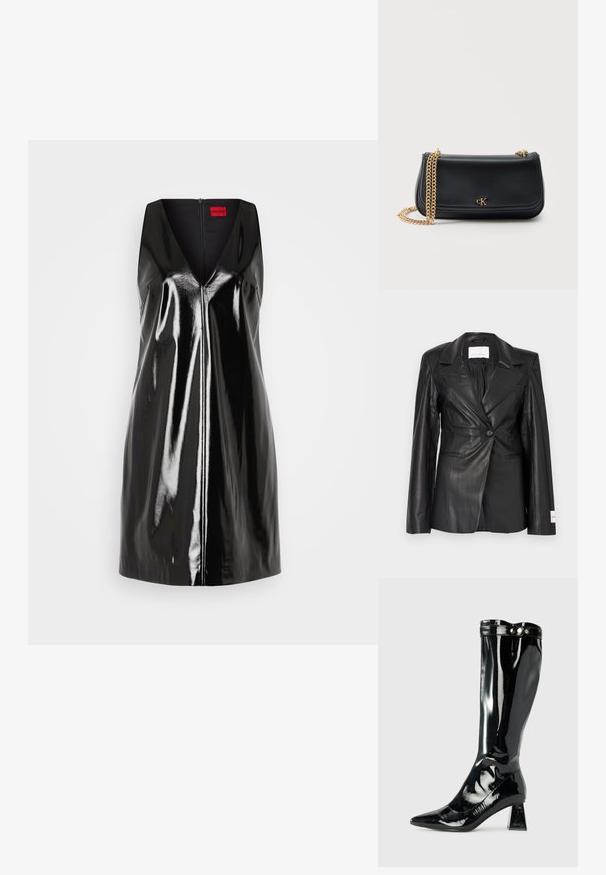 Sort læderblazer med skræddersyet design, enkeltknapslukning, hakkede revers og mærkedetaljer på venstre manchet.; Sort, ærmeløs kjole med V-udskæring og blank, reflekterende overflade; har en central lynlås og minimalistisk design.; Sorte patentlæder knæhøje støvler med spids tå, geometrisk blokhæl og blank finish, der har en dekorativ knapdetalje øverst.; Sort læder skuldertaske med guldkæde rem og lille guld "cK" logo centreret på frontklappen mod en ensfarvet baggrund.