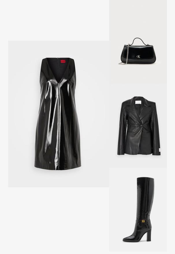 Blazer en cuir noir avec un design ajusté, fermeture à un bouton, revers crantés et étiquette sur le poignet gauche.; Robe noire sans manches avec un décolleté en V et une finition brillante et réfléchissante; elle comprend une fermeture éclair centrale et un design minimaliste.; Bottes en cuir verni noir jusqu'au genou avec un bout pointu, des accents en métal doré et un talon épais. Surface lisse et brillante avec un minimum de détails.; Sac à main en cuir noir avec une chaîne en bandoulière, forme structurée et accent logo argenté. Texture lisse avec un rabat.