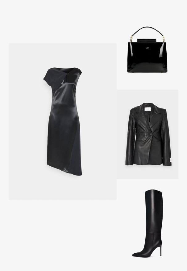 Schwarzer Lederblazer mit maßgeschneidertem Design, Ein-Knopf-Verschluss, fallenden Revers und Etikettendetail am linken Ärmelbündchen.; Calvin Klein NAIA SHINE MIDI DRESS - Cocktailkleid/festliches Kleid - black; Knöchelhohe schwarze Leder-Stiletto-Stiefel mit spitzem Zeh. Glatte Textur, strukturiertes Design und schmaler hoher Absatz. Keine sichtbaren Beschläge oder Muster.; Schwarze Handtasche aus Lackleder mit strukturiertem Design, ausgestattet mit einem oberen Griff, goldenen Hardware-Akzenten und einer kleinen Frontklappe.