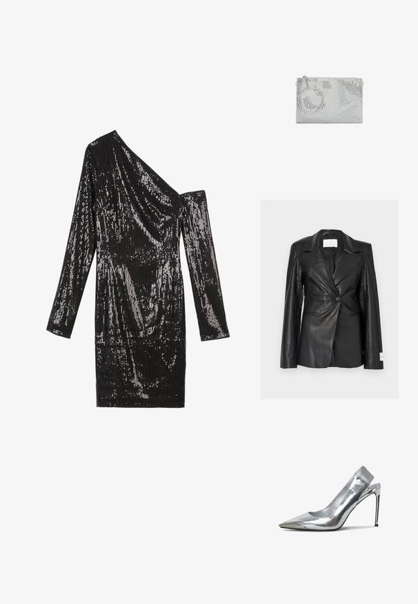 Sort læderblazer med skræddersyet design, enkeltknapslukning, hakkede revers og mærkedetaljer på venstre manchet.; Anna Field by Zalando Cocktailkjole / festkjole - black; Sølv slingback højhælede sko med spids tå og metallisk finish. Har et strømlinet design og minimalistiske detaljer på hælen.; Sølvnet-håndtaske med en rund håndledsrem fastgjort til lynlåsen på en hvid baggrund.