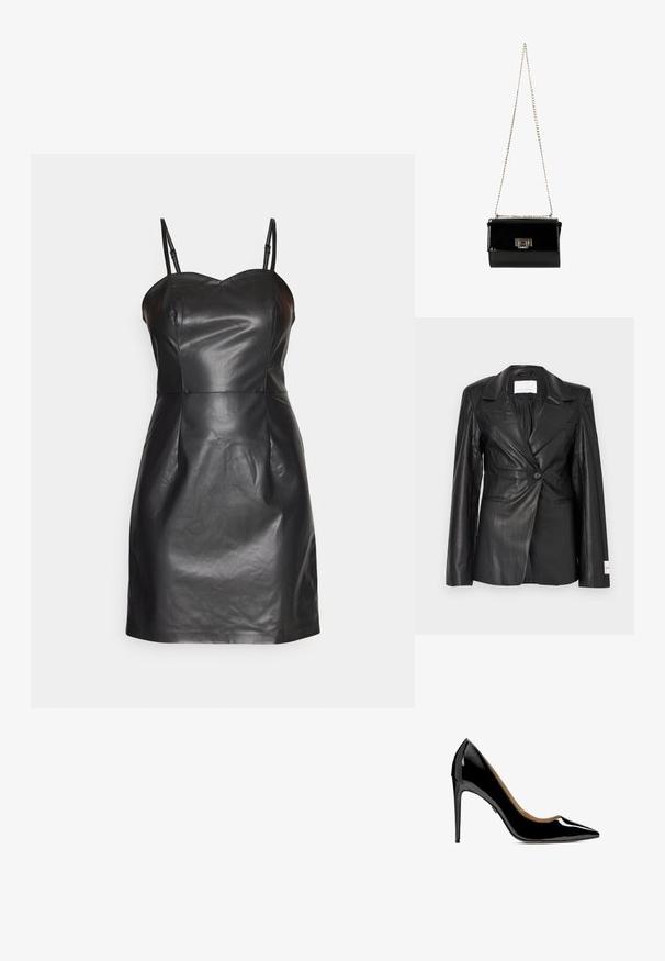 Schwarzer Lederblazer mit maßgeschneidertem Design, Ein-Knopf-Verschluss, fallenden Revers und Etikettendetail am linken Ärmelbündchen.; ONLY ONLDINA FAUX LEATHER DRESS - Cocktailkleid/festliches Kleid - black; Schwarzer Lackleder-High-Heel-Schuh mit spitzem Zehenbereich, eleganter Silhouette und schlankem Stiletto-Absatz, der eine glatte, glänzende Oberfläche aufweist.; Schwarz glänzende Handtasche aus Lackleder mit einem goldenen Kettenriemen, rechteckige Form, mit einem Verschluss mit Klappe und einem metallischen Logo-Akzent.
