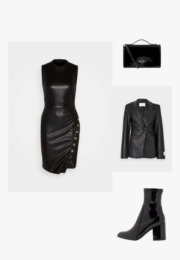 Zwarte leren blazer met een getailleerd ontwerp, enkele knoopsluiting, gespleten revers en labeldetails op de linker manchet.; Zwarte leren mouwloze jurk met een hoge halslijn, aansluitende silhouet, asymmetrische zoom en decoratieve knopen langs de zijnnaad.; Zwarte patenten enkellaarsjes met een gladde textuur, een spitse neus en een gestructureerde blokhak. Heeft een ritsvrije ontwerping en contrasterende stiksels.; Zwarte patenten leren handtas met een kettinghengsel, voorzien van een decoratief metalen bij-embleem aan de voorkant. Ronde vorm met glanzende afwerking.