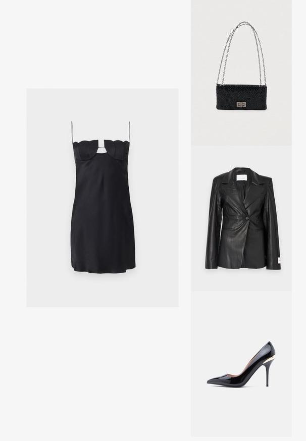 Sort læderblazer med skræddersyet design, enkeltknapslukning, hakkede revers og mærkedetaljer på venstre manchet.; Sort minikjole med struktureret bølgeformet bryst, tynde spaghetti- stropper og en nøglehulskæring under halsudskæringen.; Sort laklæder højhælet sko med spids tå og en gulddetalje ved hælen. Glat tekstur og slank silhuet.; Sort perle handbag med rektangulær form, sølv kædehank og en metallås med et geometrisk design. Teksturområde med perler.