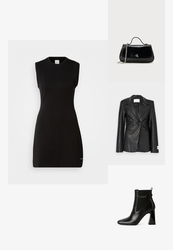 Zwarte leren blazer met een getailleerd ontwerp, enkele knoopsluiting, gespleten revers en labeldetails op de linker manchet.; Mouwloze zwarte Calvin Klein aansluitende jurk met ronde hals en subtiele naden op een witte achtergrond.; KARL LAGERFELD ASTRA NOVA GORE - Enkellaarsjes met hoge hak - black lthr; Zwarte leren handtas met een ketting schouderband, gestructureerde vorm en een zilveren logo-accent. Gladde textuur met een flapsluiting.