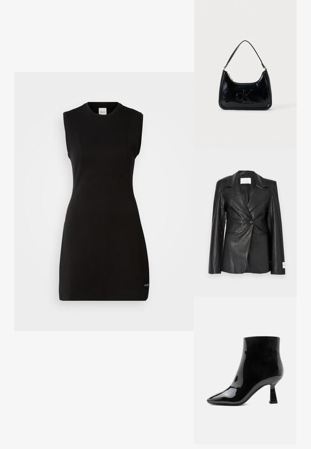 Schwarzer Lederblazer mit maßgeschneidertem Design, Ein-Knopf-Verschluss, fallenden Revers und Etikettendetail am linken Ärmelbündchen.; Ärmelloses schwarzes, tailliertes Kleid von Calvin Klein mit rundem Ausschnitt und dezenten Nahtdetails auf einem weißen Hintergrund.; Schwarzer glänzender Lackleder-Stiefelette mit spitzer Zehenpartie und ausgestelltem mittelhohem Absatz auf weißem Hintergrund.; Schwarze Handtasche aus patentiertem Leder mit einem gebogenen oberen Griff, Reißverschluss und geprägt "cK" Logo auf der Vorderseite. Glatte Textur, strukturierte Form.
